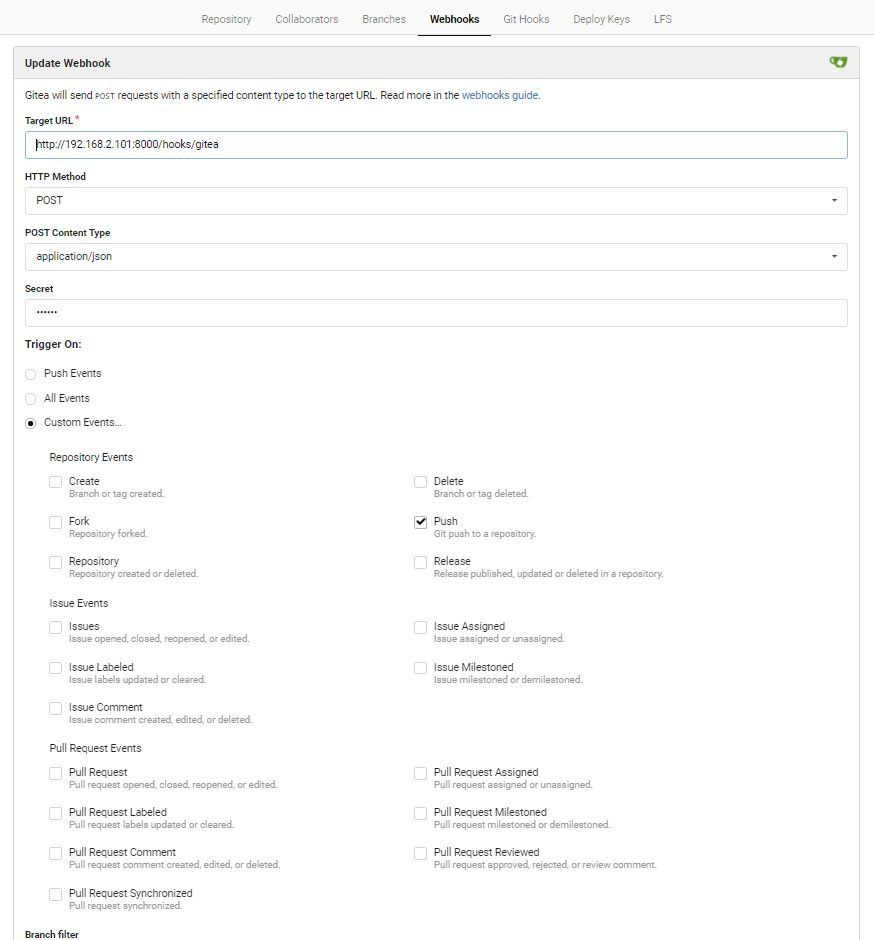 Gitea webhook configuration